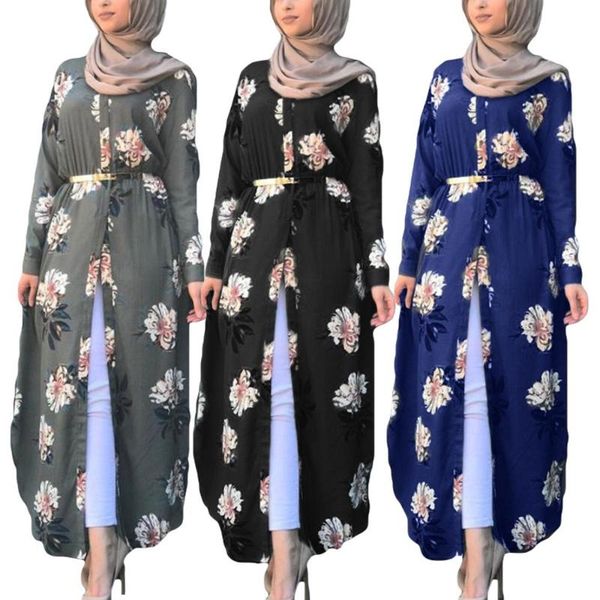

ethnic clothing muslim women maxi dress floral printed dubai abaya belted split arab islamic casual long sleeve autumn plus size, Red