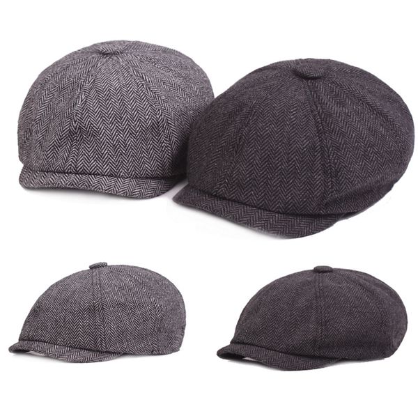 

berets 1pcs autumn winter men flat cap grey herringbone sboy bakerboy hats cotton beret hat british retro woolen, Blue;gray