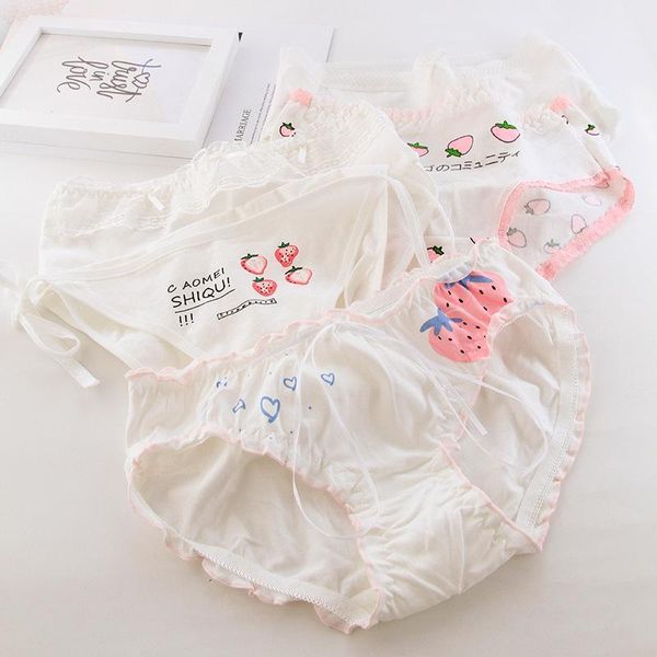 

factory direct japanese strawberry bow girl cute middle waist large size white printed cotton underwear for women wholesale1, Black;pink