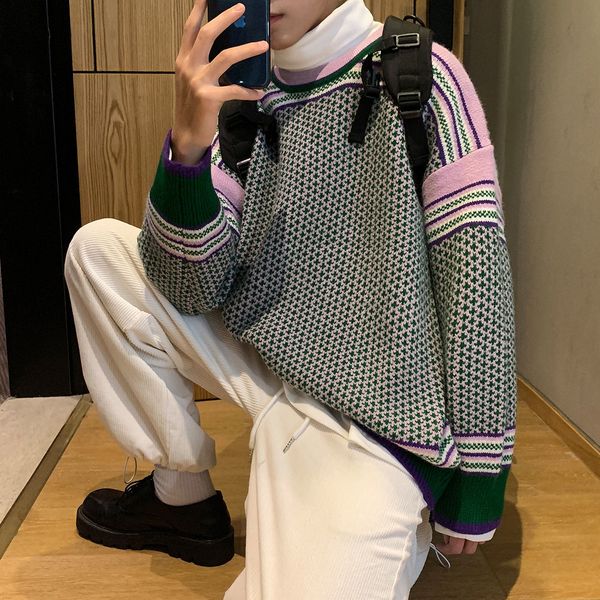 

autumn 2021 male new retro-loose sweater wear es7e, White;black