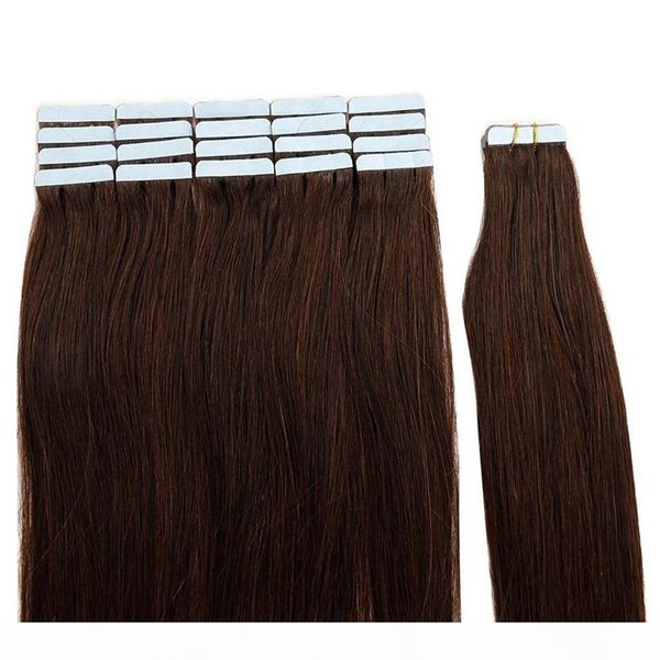 

dark brown #2 tape in human hair extensions double drawn skin weft brazilian straight hair 40 pcs set 100% human hair, Black