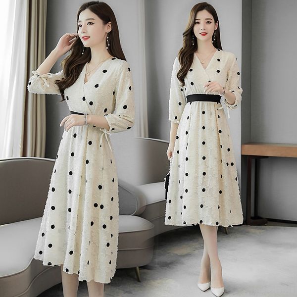 

2020 summer new women's wear korean slim fit short sleeve mid long waist wave point trousers dress over knee dress r0rla, Black;gray