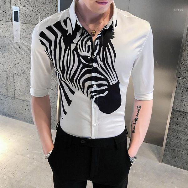

2020 fashion casual men shirt half sleeve zebra print streetwear social shirt slim fit shirts mens clothes camisa1, White;black