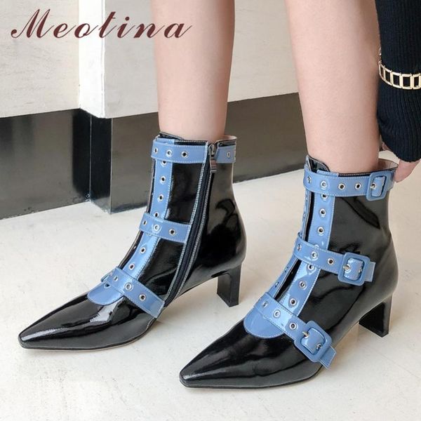

boots meotina autumn ankle women patent leather zip thick high heel short mixed colors buckle shoes lady winter size 34-39, Black