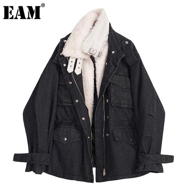 

[eam] denim big size warm cotton-padded coat long sleeve loose fit women parkas fashion tide new autumn winter 2021 1dd4015, Black