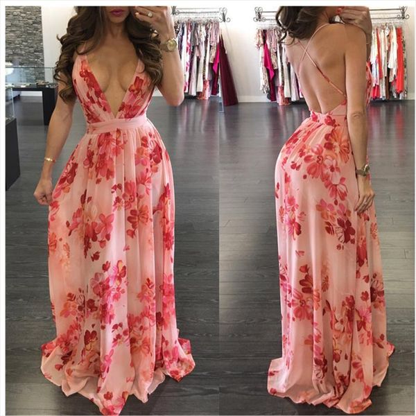 

print floral loose boho deep v neck backless long women dress 2018 maxi dresses vestidos back cross beach summer dress, Black;gray