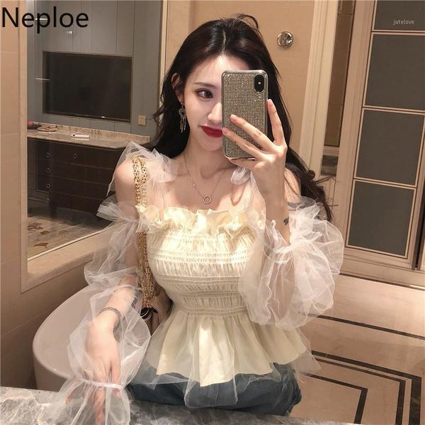 

neploe mesh pacthwork women blouse 2020 summer retro elegant square collar puff sleeve shirts sweet fake two piece 499841, White