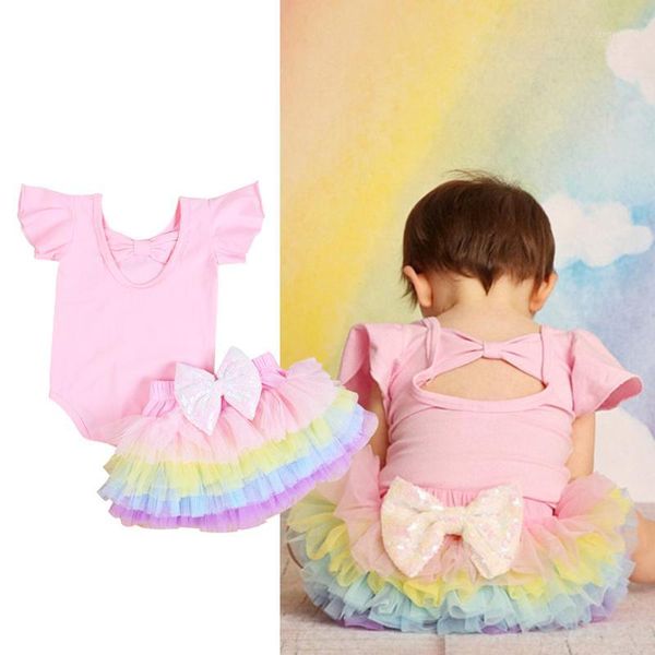 

newborn baby girls sets pink cotton bow back hollow romper+rainbow mesh shorts dress 0-24m party wear brithday pgraphy set1, White