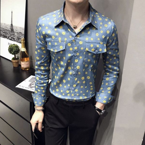 

2020 daisy 5xl flower jeans pactch single blue pocket denim sleeve shirt complete meager trim party homme manche longue uirp, White;black