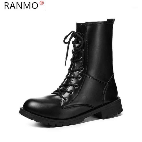 

2020 winter fashion women's boots lace up mid-calf round head women boots black square-heel mid-heel pu women shoes botas mujer1