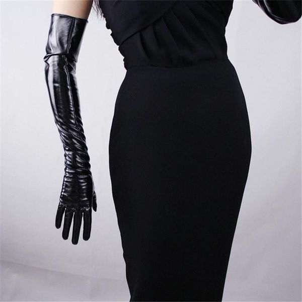 

60cm patent leather extra long gloves long section pu emulation leather slim hand mirror bright black touch screen, Blue;gray