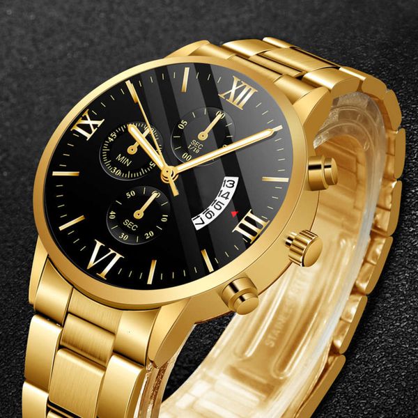

calendar men's three eye six pin window quartz watch classic roman gold high grade steel band watch, Slivery;brown