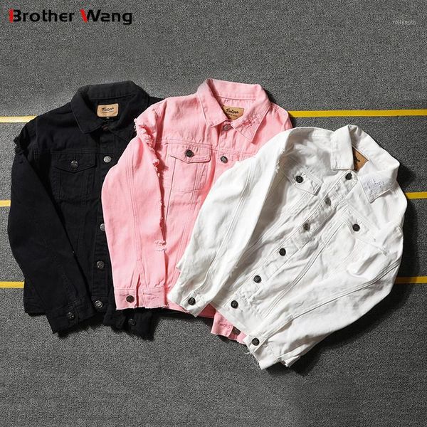 

2020 autumn new men's jeans jacket fashion casual black white pink hole ripped denim coat male brand clothes 4xl 5xl1, Black;brown