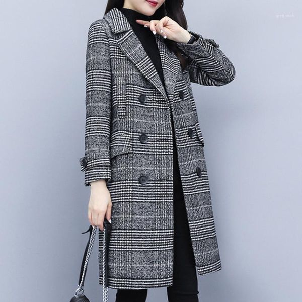 

winter velvet coat female notched warm checkered woolen women's coats fleece office lady 2020 vintage long overcoat woman1, Black