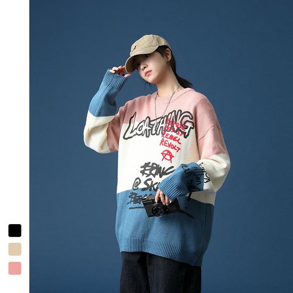 

couple sweaters letters casual outerwear warm pullovers cute oversized sweater loose o-neck youth color patchwork sweater, White;black