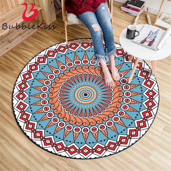 

ethnic style round carpets red and blue geometric totem pattern home area rugsshort crystal velvet carpets for bedroom decor