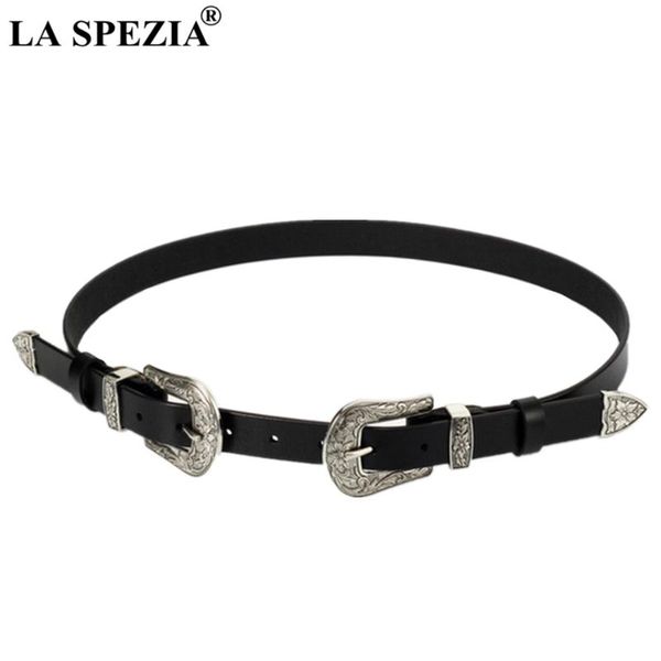 

la spezia real leather belt women double buckle waist belt ladies black metal genuine cow leather fashion female pin jeans, Black;brown