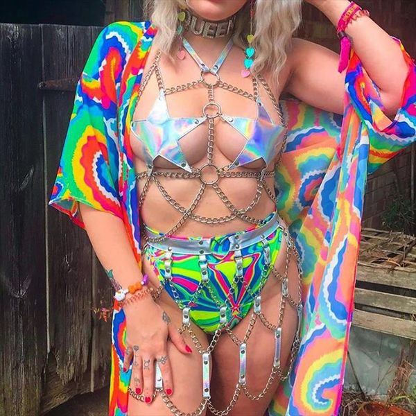 

горячий продавая голографическая женщин два piece set sexy multilay звезда шаблон топы регулируемое выдалбливают юбка летний карнавал костюм, Gray