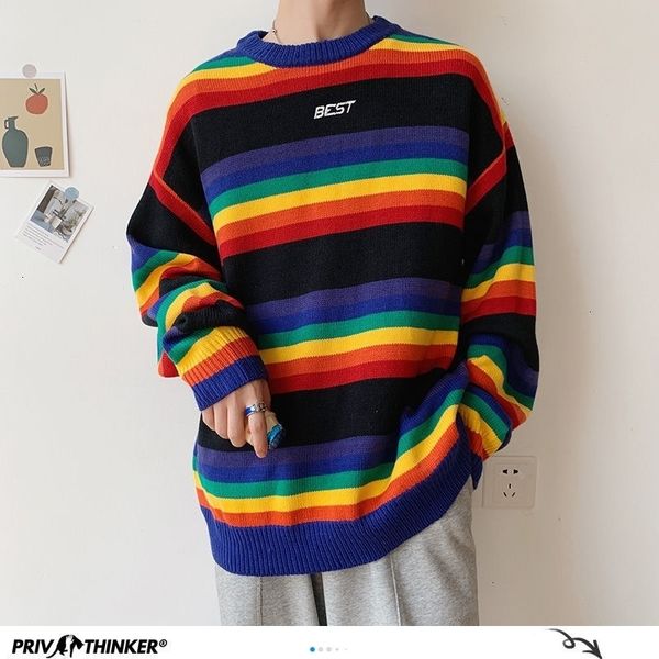 Privathinker Harajuku Outono Homens de Malha Suéteres Coreanos Homens Rainbow Listrado Pullovers Mulheres Casual Sweater Sweater Top 201104