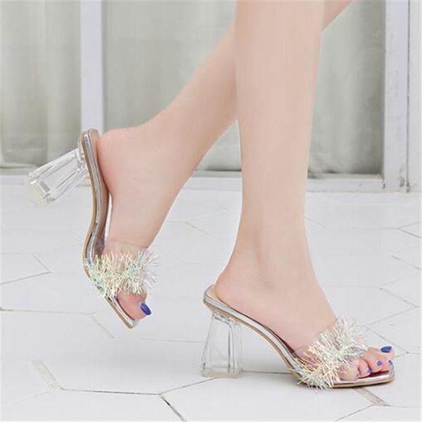 

2021 new you'll see transparent female fashion because you peep toe chunky slippers crutches with high heels elegant crystal gold xmf7, Black