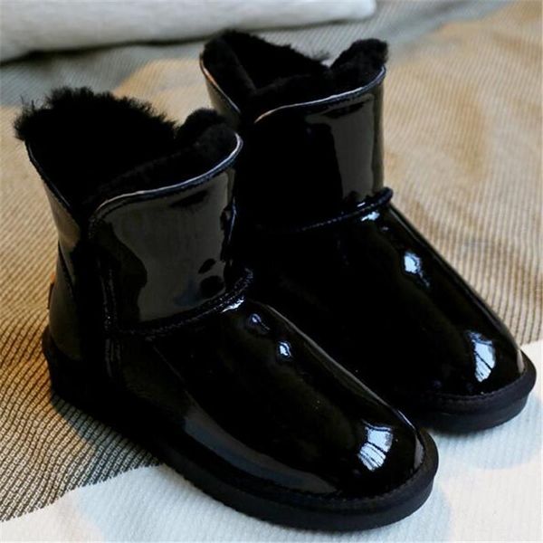 

new women sheep wool boots genuine leather snow boots shoes cowskin sheep fur flat warm winter shoes, Black