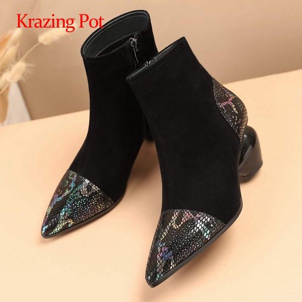 

krazing pot large szie sheep suede handmade modern pointed toe high strange heel zipper beauty lady daily wear ankle boots l2f6, Black