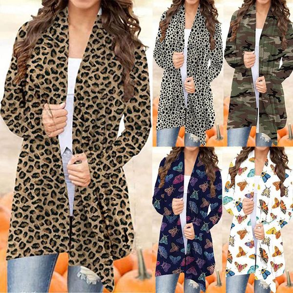 

40# women leopard printed blouse christmas snowman open front long sleeve loose flowy hem cardigan coat autumn winter warm shirt, White