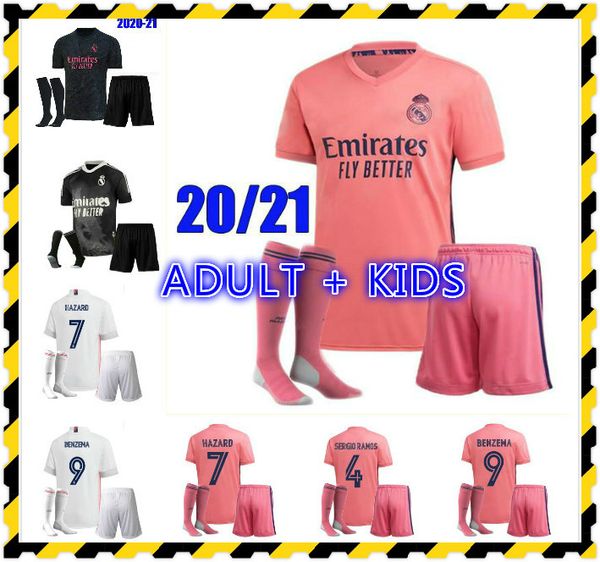 

kids kit 20 21 real madrid soccer jerseys 2020 2021 hazard benzema modric isco asensio camiseta de futbol football shirts kit+socks, Black;yellow