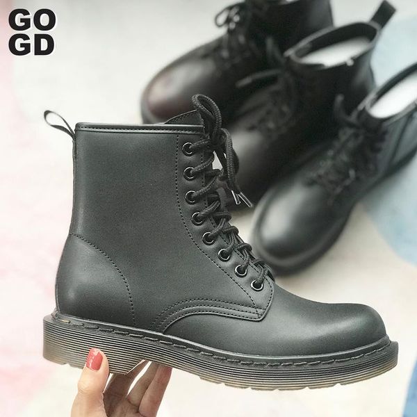 

gogd]the latest designed flat female boots student shoes in 2020, soft black leather lace-up lace-up martin boots high quality