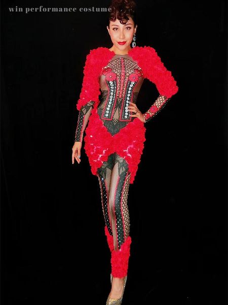 

stage wear fashion safflower high-elastic tight-fitting long jumpsuit rhinstone bodysuit costume female singer dj sexsy dress, Black;red