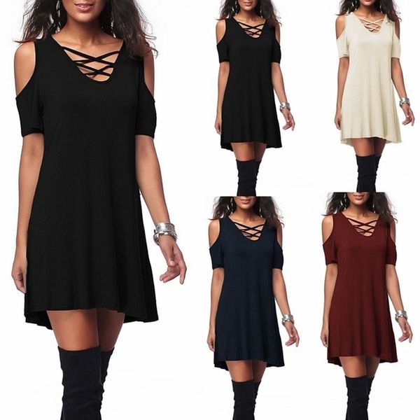 

new women cross cold shoulder mini shirt dress loose tunic swing long sleeves party basic dress nightclub y200824, Black;gray