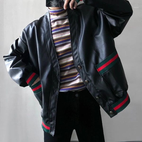 

european and american retro style matching color cardigan pu leather jacket loose coat. s-xl1, Black