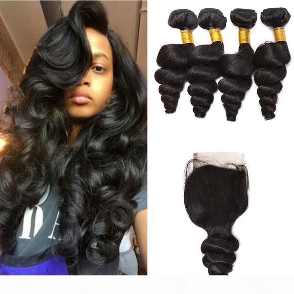 

4 bundles loose wave brazilian virgin hair extensions with 1pc middle three part lace closure 4"x4" brazilian human hair, Black;brown