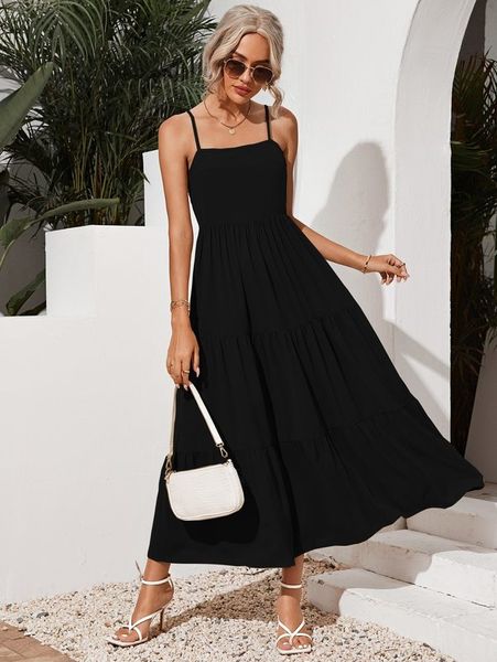 

solid ruffle hem cami dress she, Black;gray