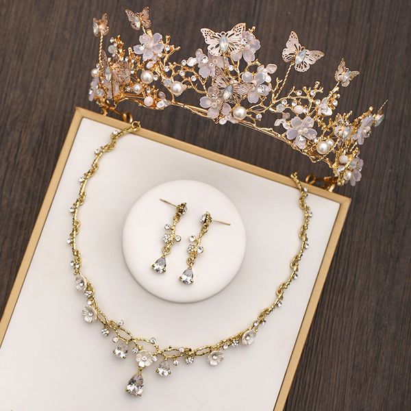 

bridal headdress 2020 new crystal butterfly three piece set high end atmosphere princess crown wedding accessories, Silver