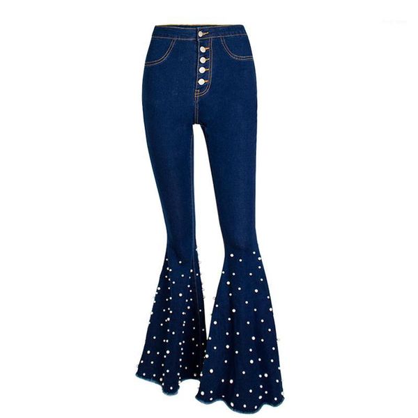 

embroidered pearl flares jeans woman high waist flare denim pants womens casual jeans 2020 autumn winter plus size k8561, Blue