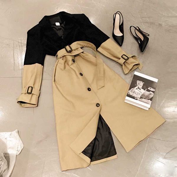 

2020 autumn women's coat elegant office korean windbreaker female ladies color patchwork long chic trench coats with belt, Tan;black