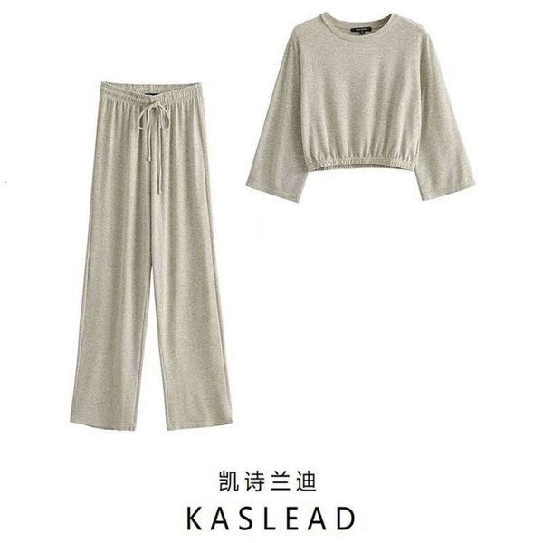 

sports autumn 2020 new suit women's short open navel long sleeve wide leg casual pants, Gray