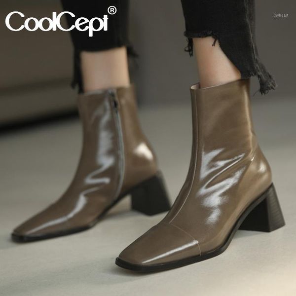 

boots coolcept genuine leather women ankle fashion zipper winter shoes woman warm short boot office lady footwear size 33-401, Black