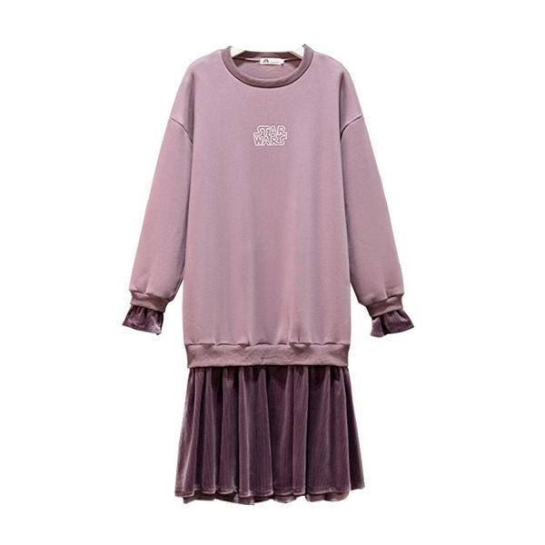 

stitching round neck plus velvet mid-length sweater dress, Black