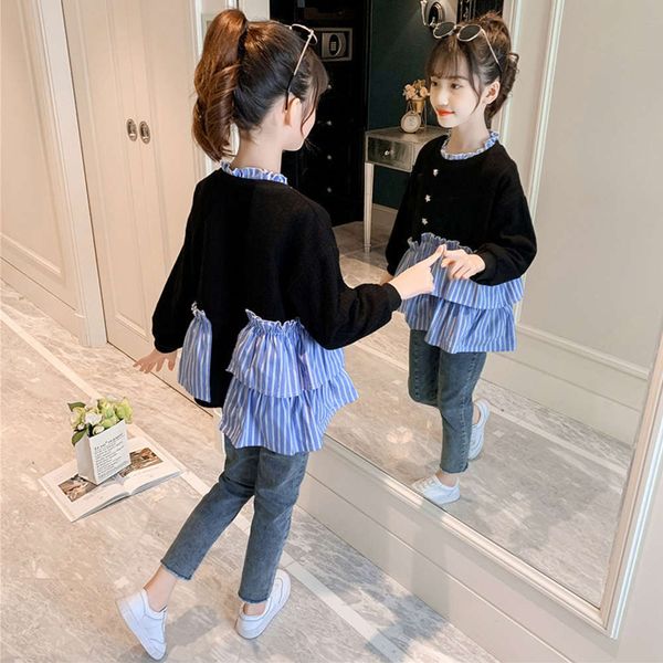 

spring autumn girls' and sweater new 2021 korean children's foreign sle irregular shirt splicing fashion children, Black