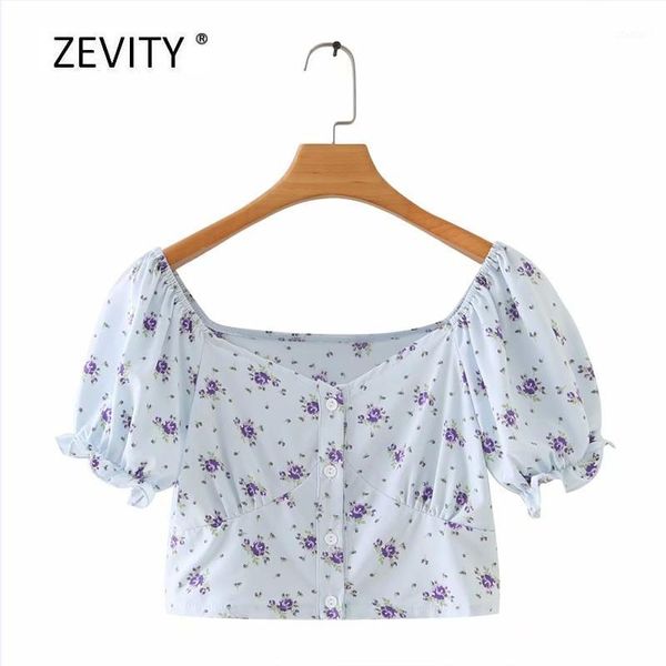 

women's blouses & shirts 2021 women sweet flower print casual short smock blouse ladies chic v neck puff sleeve breasted femininas ls6, White