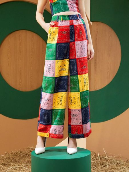 

x xosefino paisley scarf print colorblock wide leg pants 52qb#, Black;white