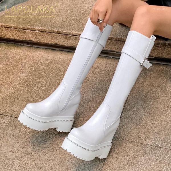 

boots lapolaka 2021 genuine leather chunky heels knight female waterproof non-slip woman shoes1, Black