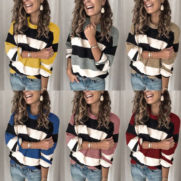 

износ контрастный новых крупных женщин полосатые свитера для aw2020 новый большой женской одежды контраст полосатый пуловер pullovert футбол, White;black