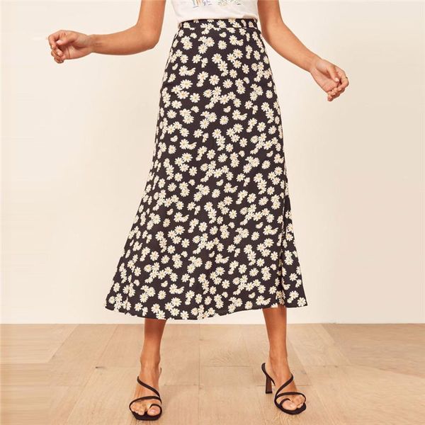 

vintage floral print ruffle pleated long skirts summer women korean skirt streetwear drawstring elastic waist midi skirt1, Black