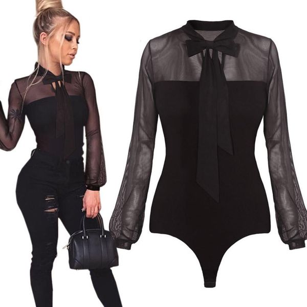 

women summer bodysuit black bow neck patchwork long sleeve back ladies lace mesh bodysuit nightclub party feminino #yj, Black;white