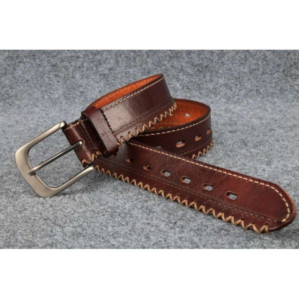 

men's manual hand stitched belt 4mm thick flexible strong leather 2 colors, Black;brown