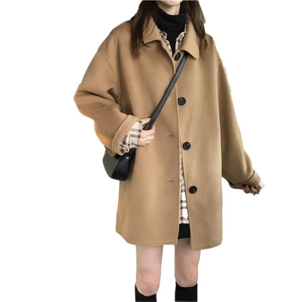 

2021 new autumn and winter woolen women's korean loose medium length suit collar temperament long sleeve windbreaker coat, Black