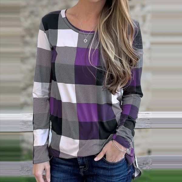 

new trend long sleeve shirt women casual long sleeve plaid print o neck blouse shirts bluzki damskie @45, White